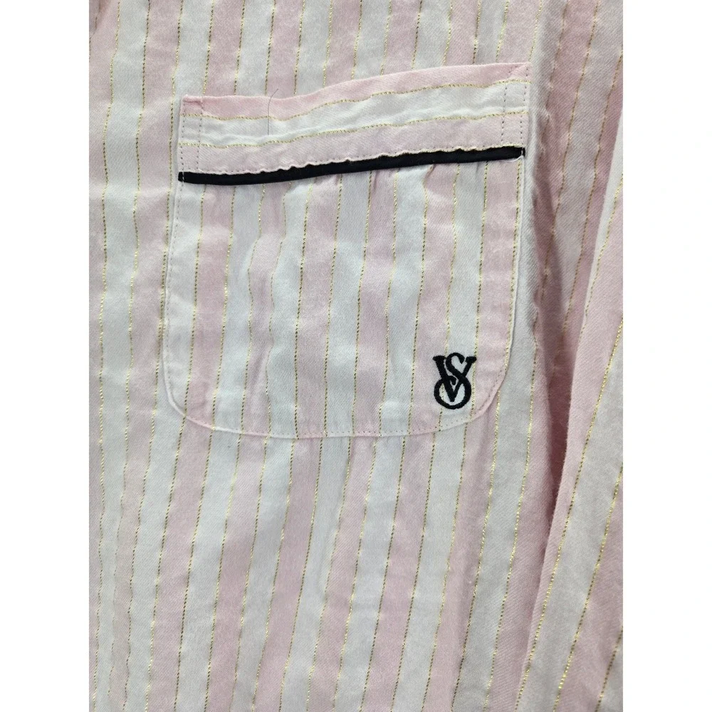 Victoria's Secret Pink White Striped Gold Lurex Pajama Set Large Button Down PJ - Picture 3 of 10
